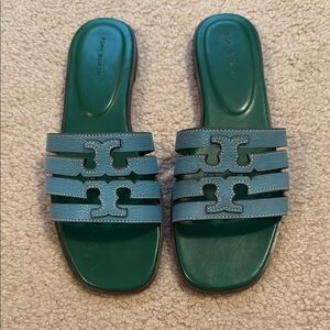 Tory Burch Green and Blue Geometric Slide Sandals